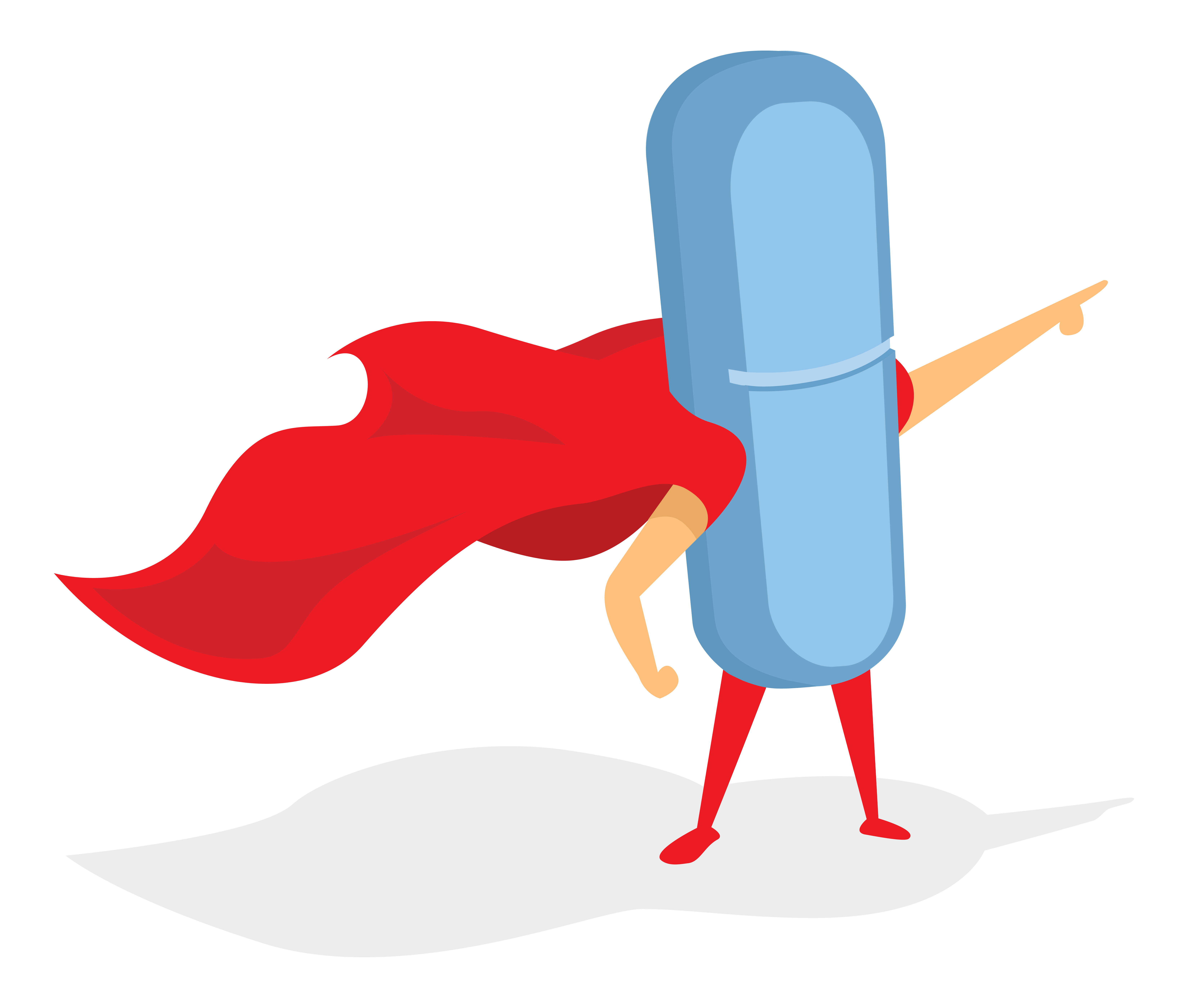 A cartoon of a blue pill in a red cape, looking heroic in the face of erectile dysfunction.