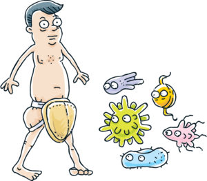 Cartoon of man protecting himself from germs