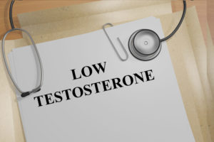 Folder with "low testosterone" printed on front and stethescope lying on top